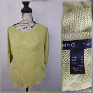Mango Knit Linen Top Sz Medium Fishnet 3/4 Sleeves Coastal Fisherman Neon Green